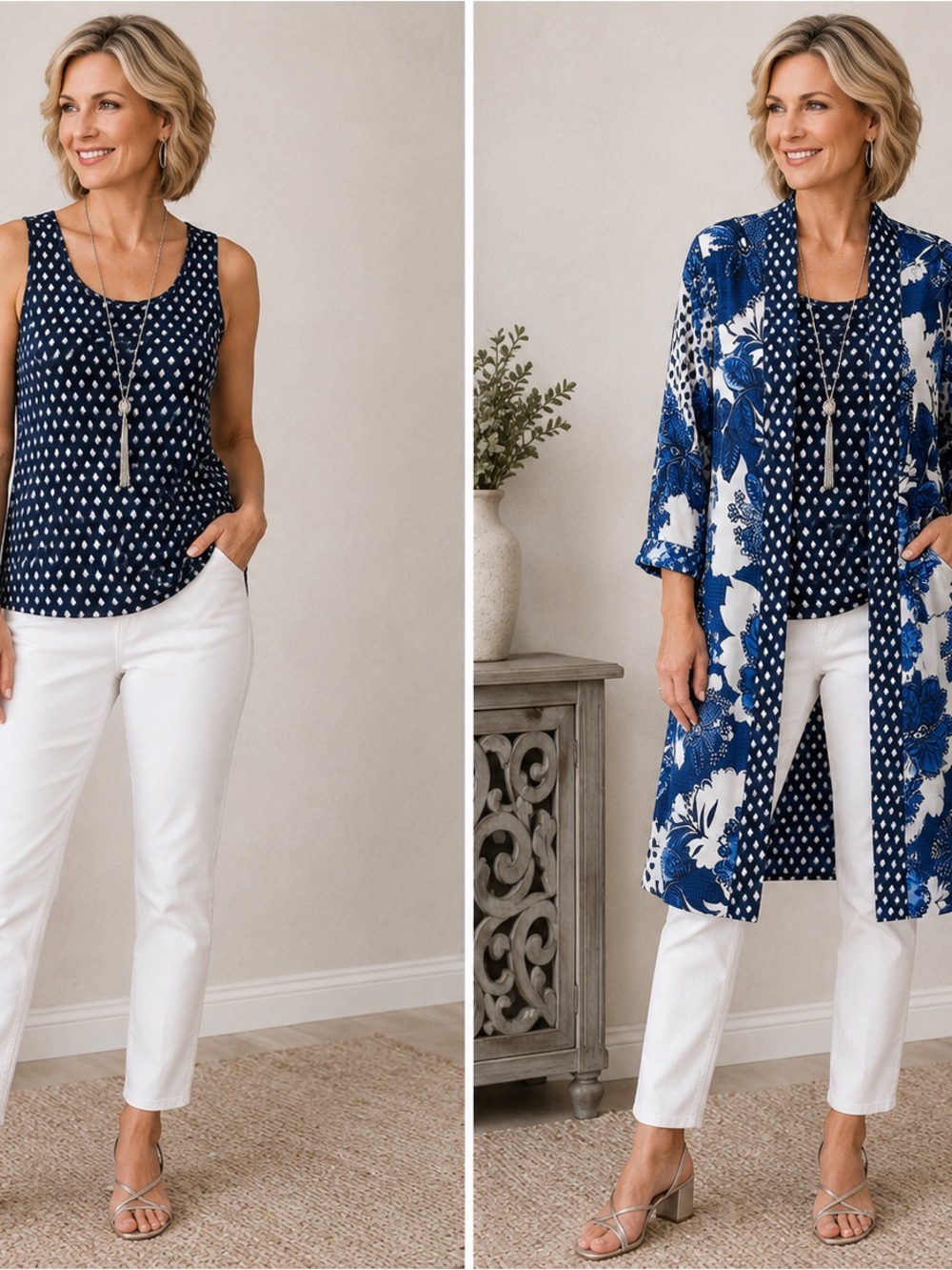 Chico’s Reversible Blue Printed Duster Coat - Picture 3 of 9